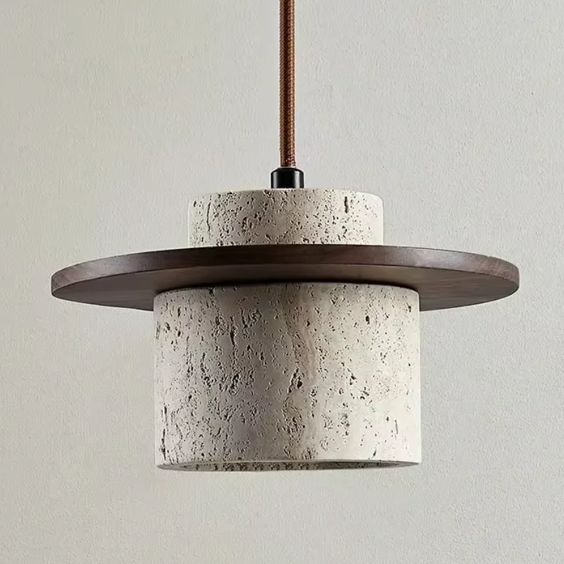 Rivermark | Elegante Wabi Sabi Travertin und Holz Pendelleuchte